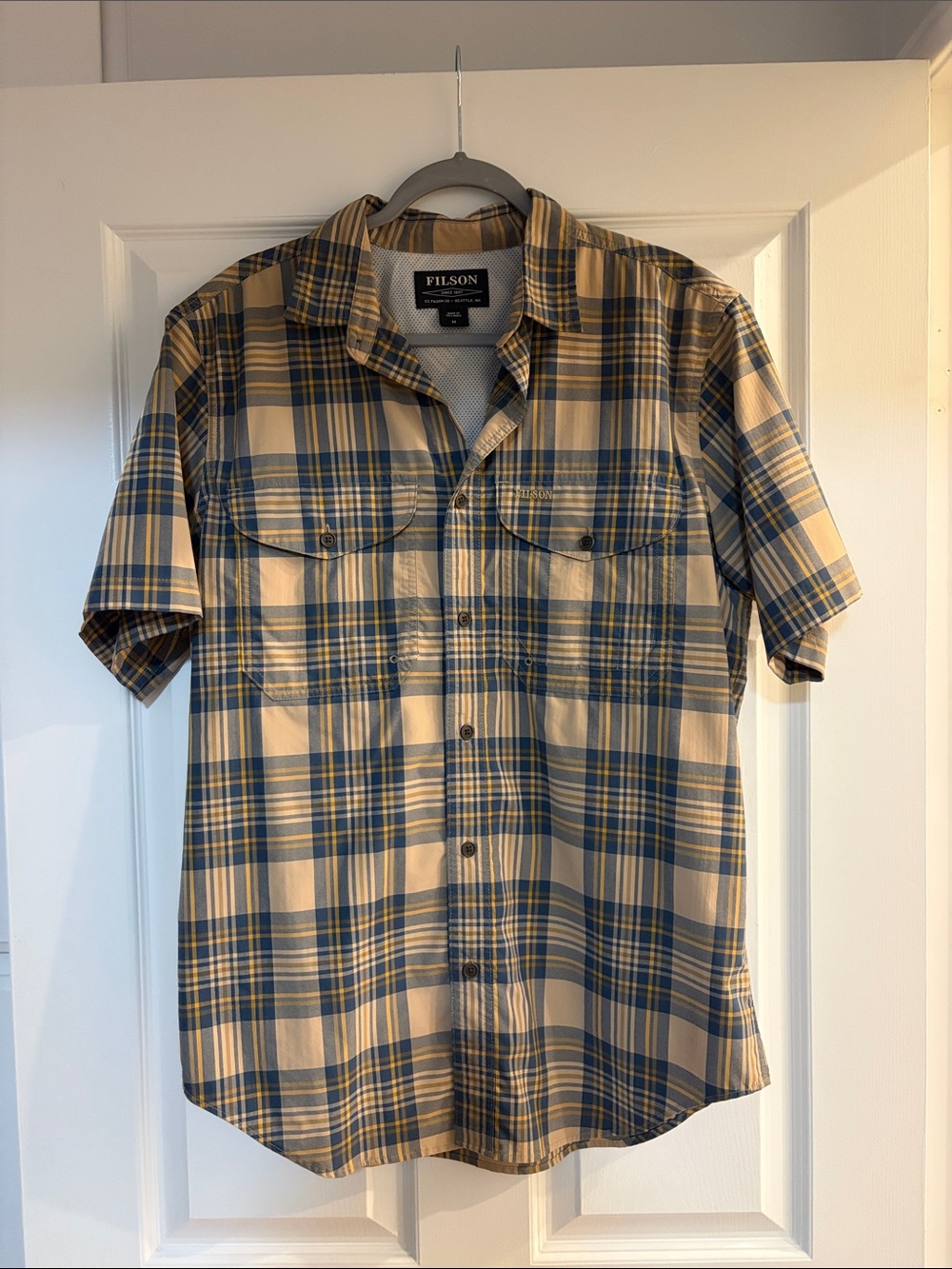Filson Men’s Short-Sleeve Plaid Button-Down Shirt in Tan and Blue